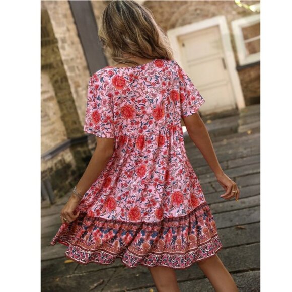 LAST 1 boho gypsy floral print short sleeve mini dress pink - Picture 5 of 5